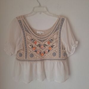 Rebellion Cream and Gray Embroidered Blouse